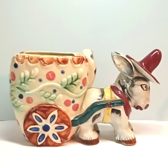 Large vintage ceramic donkey pulling cart planter, hand painted. No flaws - Picture 2 of 8